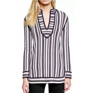 Tory Burch Gina Tunic Top Size Striped Navy &‎ White V-Neck Pure Cotton Medium